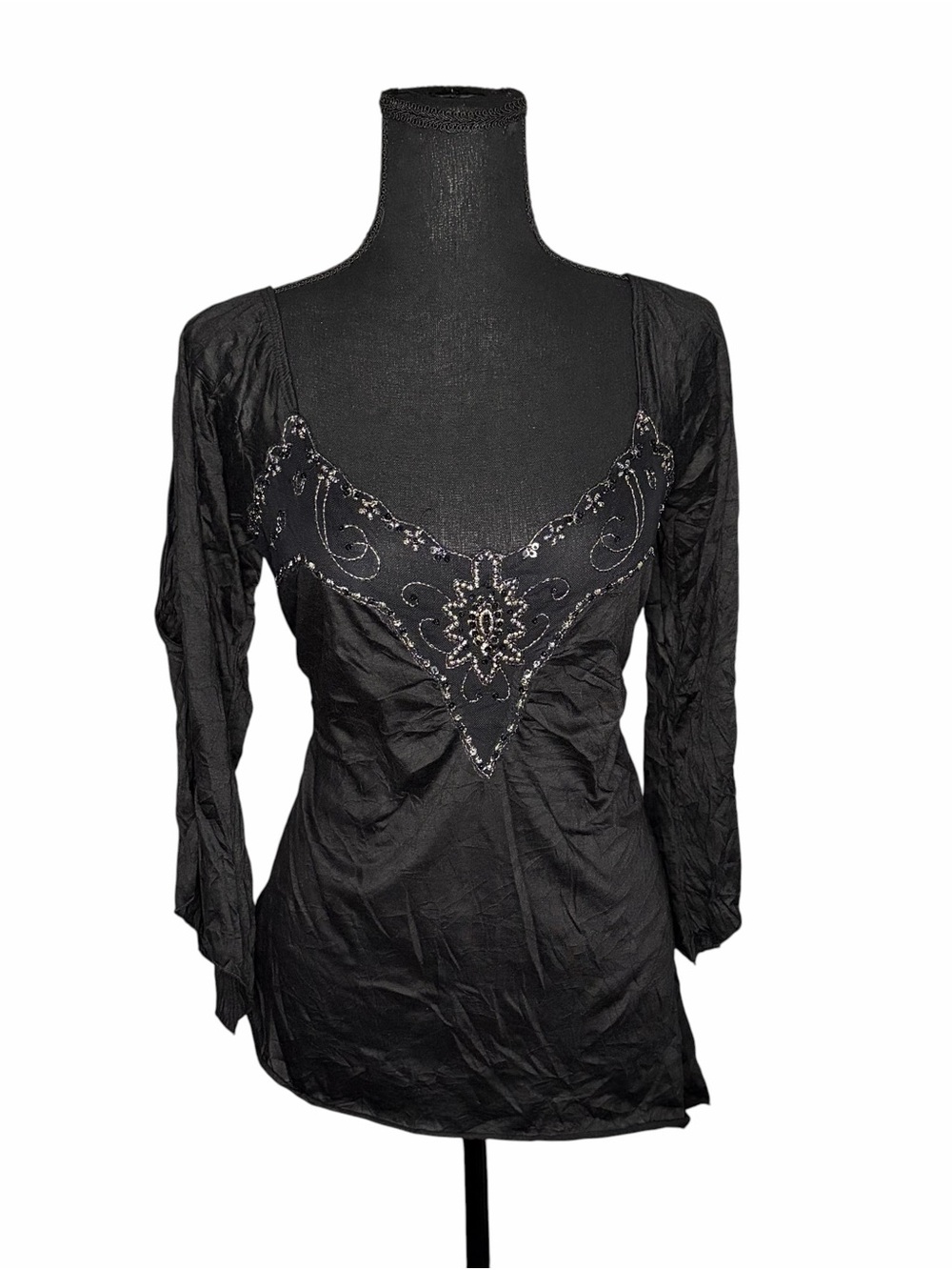 Y2k Kiwi Black Long Sleeve Beaded Top Flare Open Sleeves Asymmetrical Hem Medium